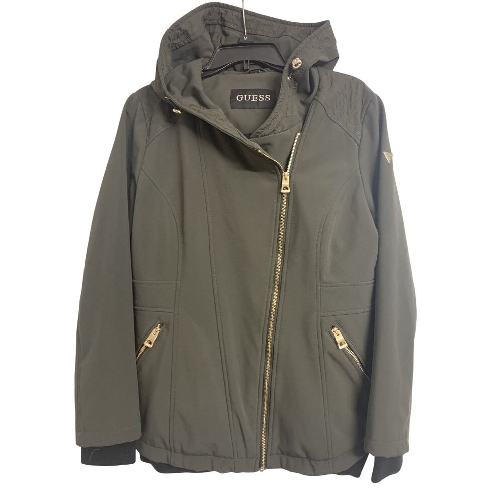 Guess Soft Shell Hooded Green Zip Jacket Size L